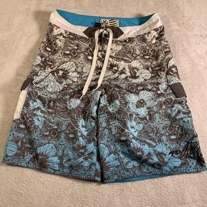 Micros Board Shorts Mens 32 Brown Blue Floral Hawaiian Beach Surf Swim Trunks